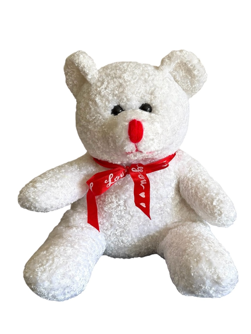 White Teddy Bear Plush Stuffed Animal Red Ribbon Bow 9in Valentines Love Heart
